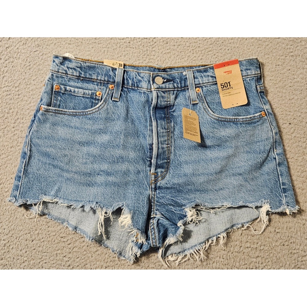 Levis 501 Original High Rise Denim Shorts Light Wash Frayed Hem Size 32 NWT